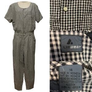 Vtg LizWear Women’s Jumpsuit 14 Black White Gingham Plaid Short Sleeve Cotton